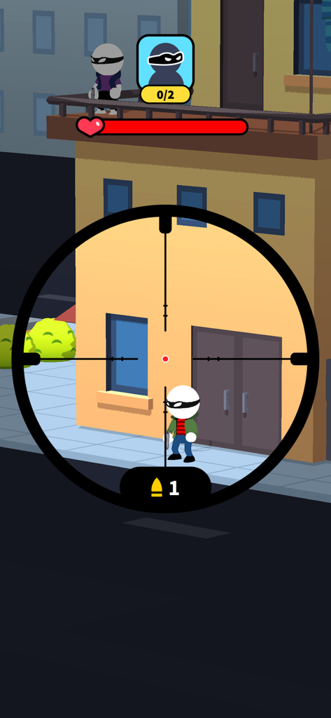 Gameplay screenshot of Johnny Trigger Sniper showing a sniper scope targeting a bandit in a city setting