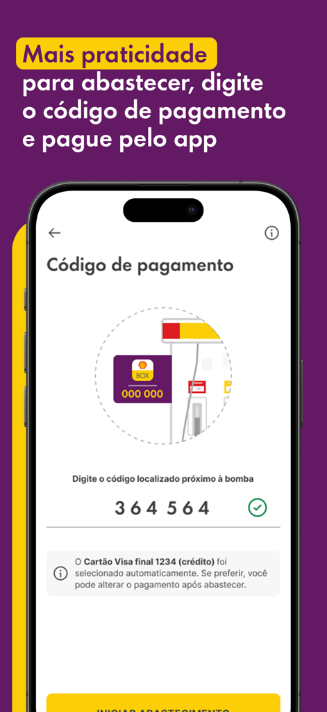 Tela do app Shell Box mostrando um código de pagamento de 6 dígitos para abastecimento sem contato em um posto de gasolina.