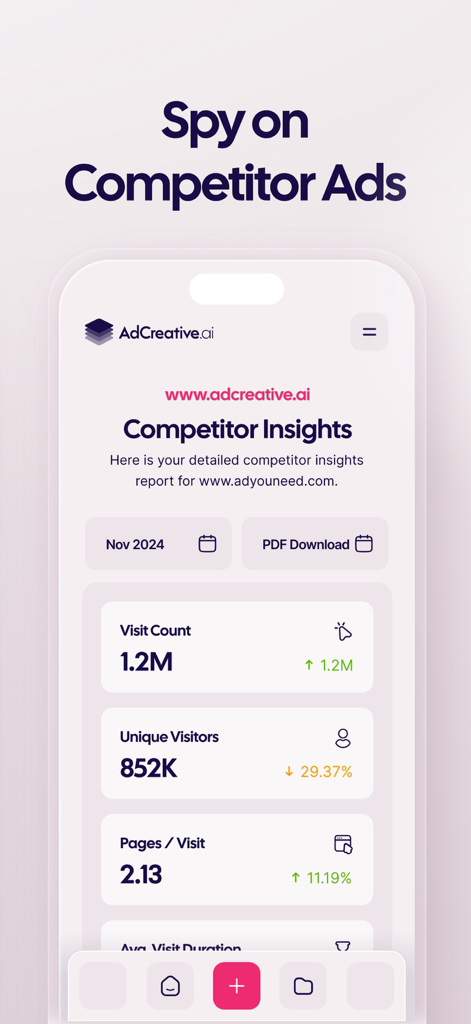 AdCreative.ai Official: AI Ads - AdCreative.ai app interface showing competitor insights dashboard with website traffic and engagement metrics