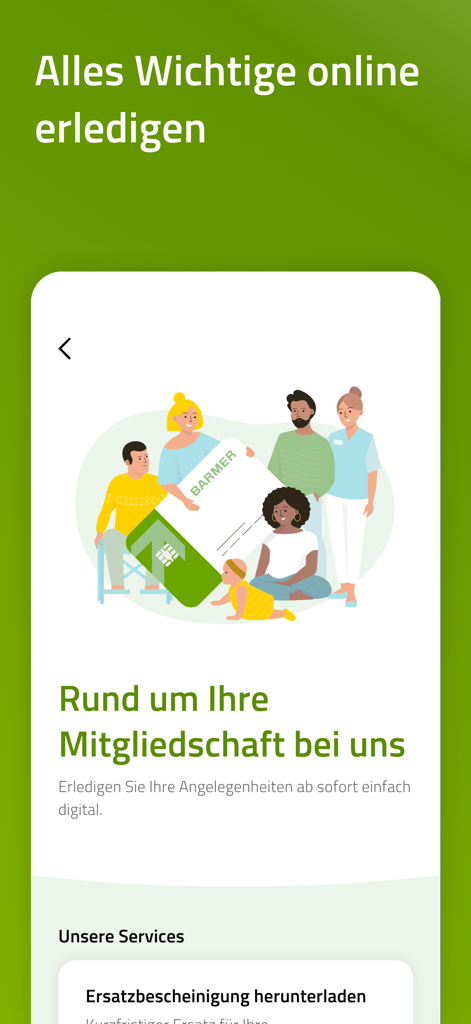 BARMER Krankenversicherungs-App-Oberfläche mit digitalen Mitgliedschaftsdiensten und illustrativen Charakteren rund um eine Gesundheitskarte