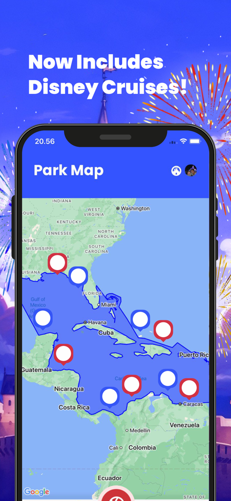 MagicPin app interface showing a map with pins for Disney Cruise locations in the Caribbean and Florida