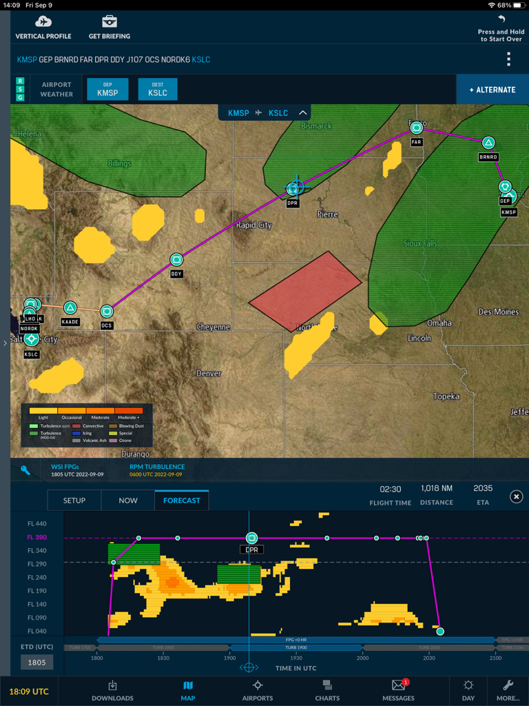 WSI Pilotbrief Optima - A flight route map with weather overlays and a vertical profile showing turbulence hazards in the WSI Pilotbrief Optima app.