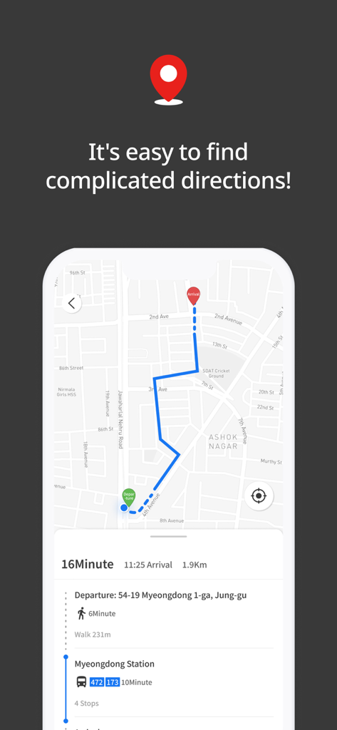 KOREA TRAVEL CARD - ソウルでの所要時間と経路が表示された交通地図を示す韓国旅行カードアプリ