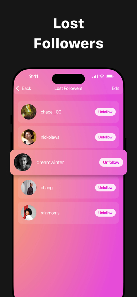 My Followers Tracker - A screen showing the lost followers list in the My Followers Tracker app.