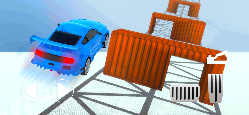 Car Crash - Stunt Parkour - A blue sports car navigating orange container obstacles on a high-altitude stunt ramp