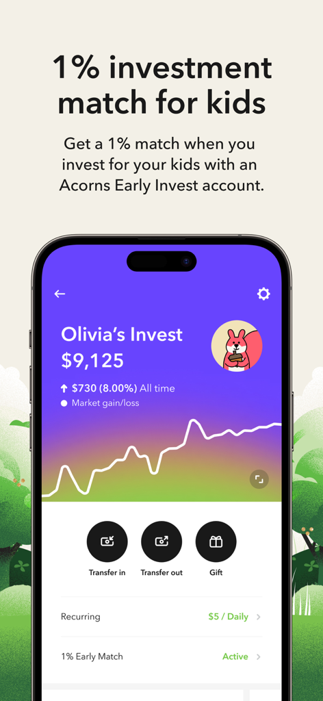 Acorns: Invest For Your Future - Acorns Early Invest 계좌 화면에 자녀의 투자 잔액 및 1% 매칭 제안 표시