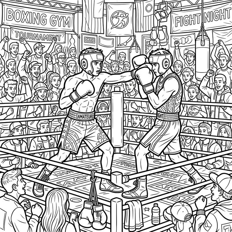 Experience the thrill of a live amateur boxing match with this action-packed coloring page. Featuring two boxers in the ring surrounded by an enthusiastic crowd, this full scene offers a dynamic challenge for your creativity.