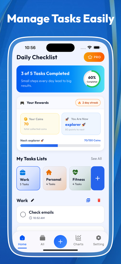 Daily Checklist & To-Do Task - Panel de la aplicación Daily Checklist que muestra el progreso de finalización de tareas y las categorías de tareas organizadas.