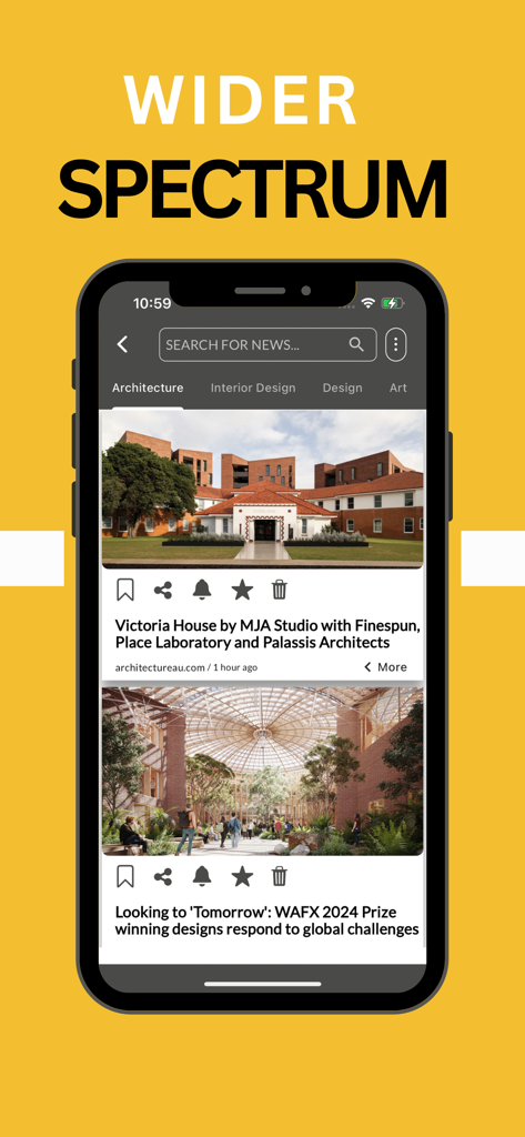 BLENDIN - Design News Inshort - Interfaz de la aplicación BLENDIN mostrando artículos de noticias de arquitectura y filtros de categoría