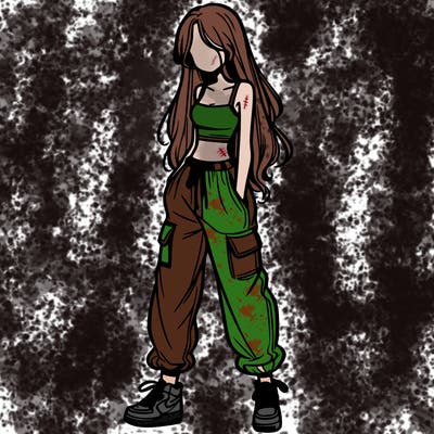 girl in baggy pants crop top and long hair