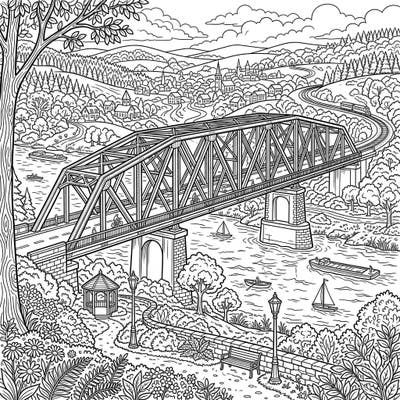 Immerse yourself in this intricately detailed full scene coloring page featuring a magnificent truss bridge. Discover a picturesque landscape filled with a charming town, winding river, and lush nature, ready for your artistic touch.