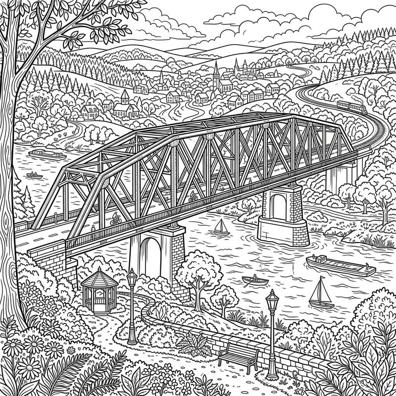 Immerse yourself in this intricately detailed full scene coloring page featuring a magnificent truss bridge. Discover a picturesque landscape filled with a charming town, winding river, and lush nature, ready for your artistic touch.