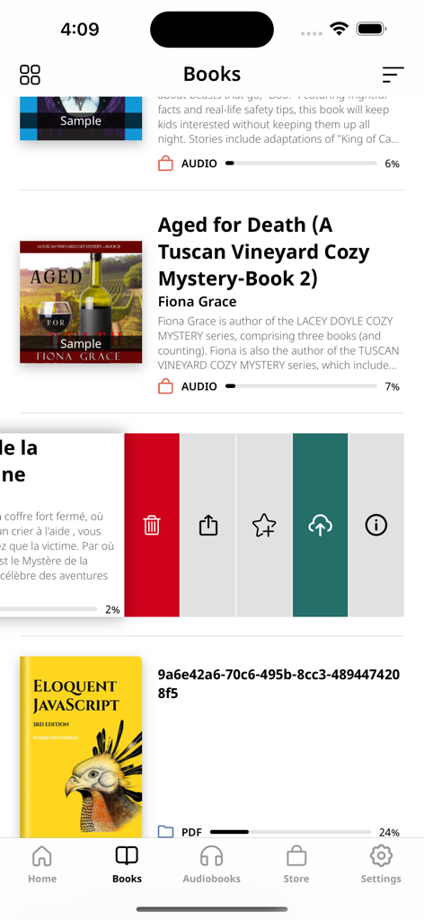 PocketBook Reader - PocketBook Reader app library interface showing ebook and audiobook collections with file management options