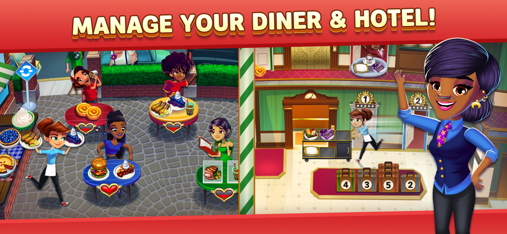 Gameplay screenshot showing Flo serving customers in an outdoor diner and staff managing a hotel lobby