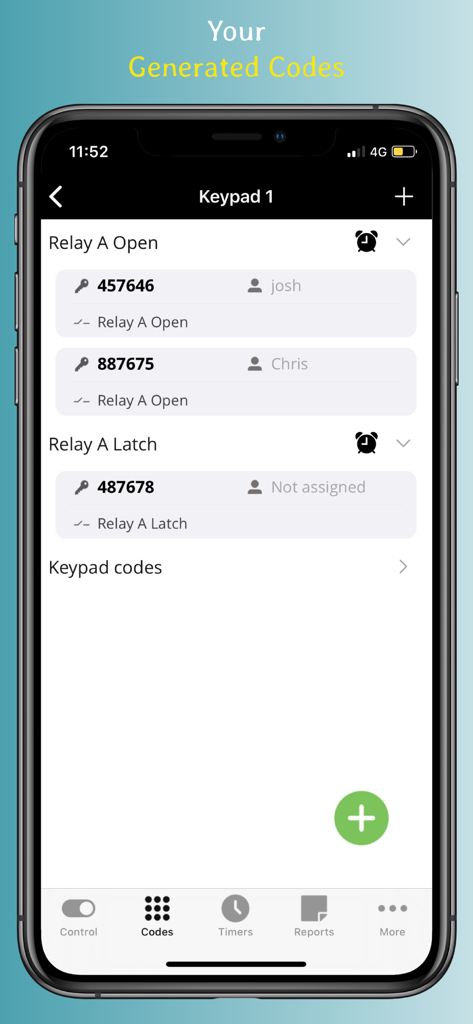 Edge Smart Keypad - Edge Smart Keypad app interface displaying a list of generated access codes assigned to specific users for gate entry
