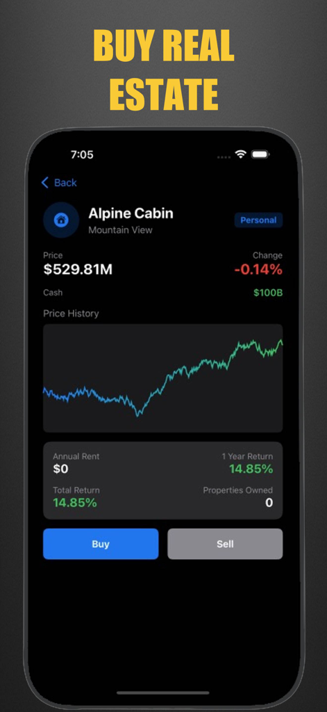 Invest Sim: Stock & Biz Tycoon - A screenshot of the Invest Sim mobile app interface showing real estate investment options for an Alpine Cabin with price history and return statistics.