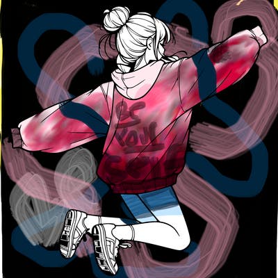 realistic girl jumping with a bun and oversized sweatshirt