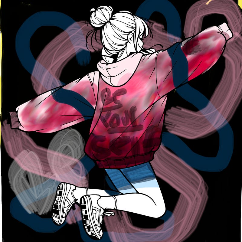 realistic girl jumping with a bun and oversized sweatshirt