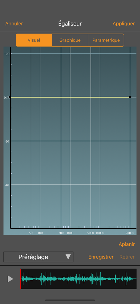 WavePad – Éditeur audio - Aplicación editor de audio WavePad mostrando la interfaz del ecualizador visual con un gráfico de frecuencia y forma de onda.