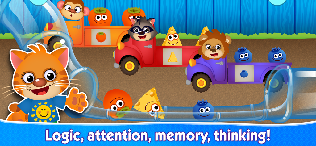 子供たちがブルーベリーやチーズなどの食べ物キャラクターを動物が運転する対応するトラックに分類し、論理力と注意力を養う知育ゲーム画面。