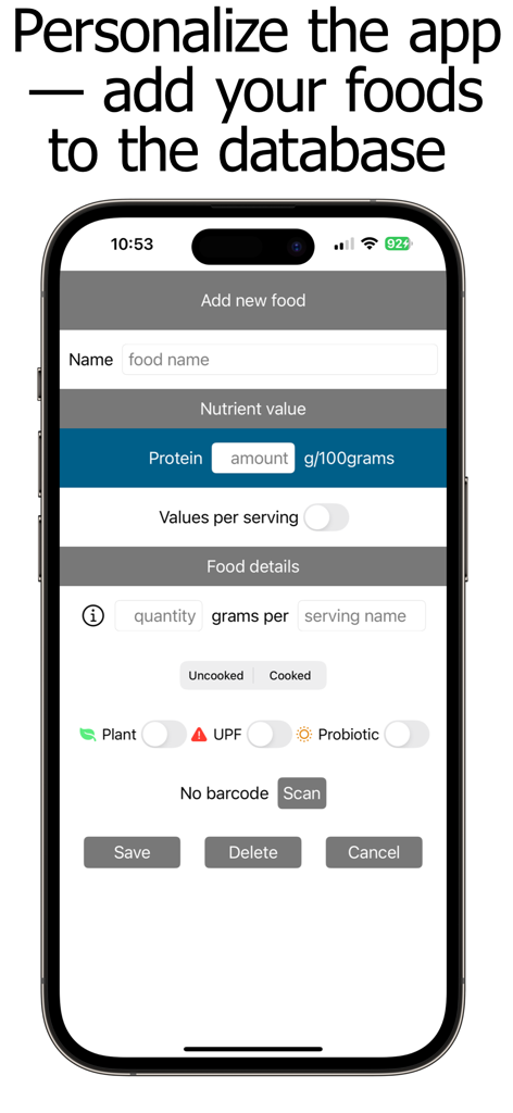 Protein Counter and Tracker - Ein mobiler App-Bildschirm zum Hinzufügen neuer Lebensmittel mit Proteinverfolgung und Nährwert-Schaltern für pflanzliche oder ultraverarbeitete Lebensmittel
