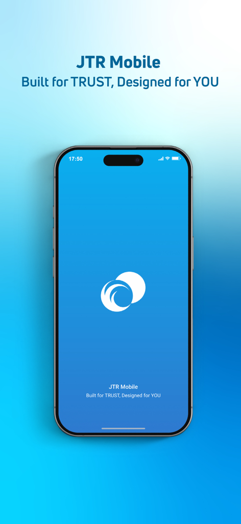 JTR Mobile - JTR Mobile 금융 앱 시작 화면, 슬로건 'TRUST를 위해 구축되고 당신을 위해 설계됨' 표시