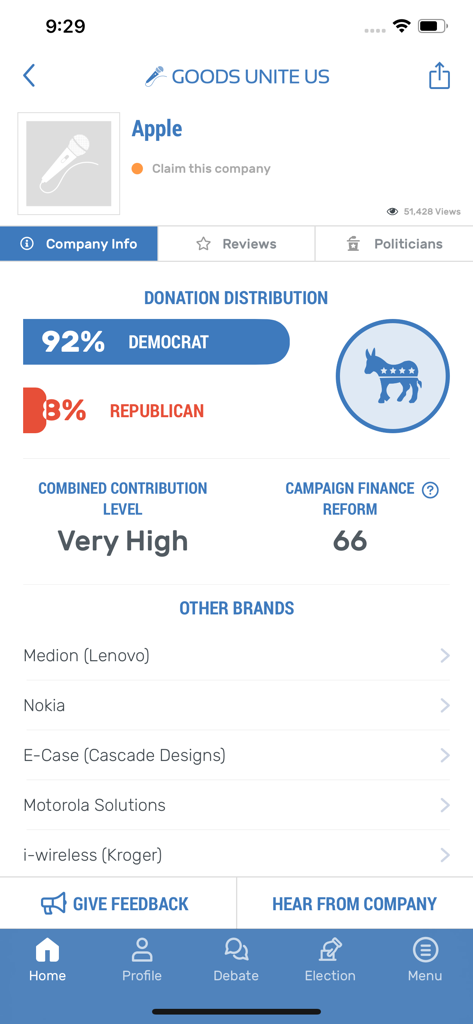 Goods Unite Us - Captura de tela do aplicativo Goods Unite Us mostrando a distribuição de doações políticas para a Apple com um detalhamento de 92% de contribuições para democratas e 8% para republicanos