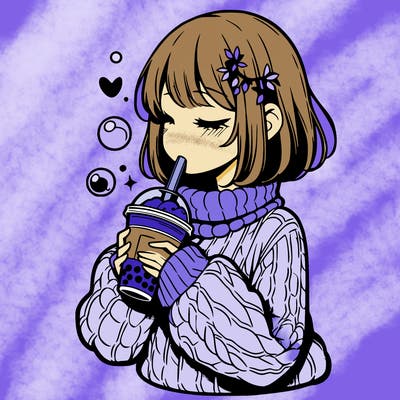 manga girl drinking boba in cozy sweater