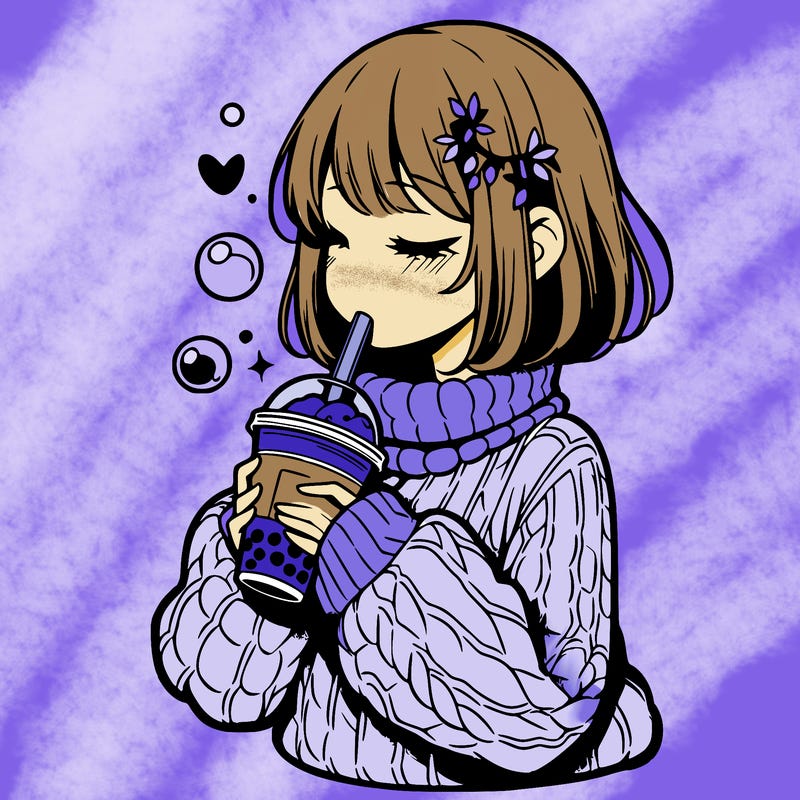 manga girl drinking boba in cozy sweater