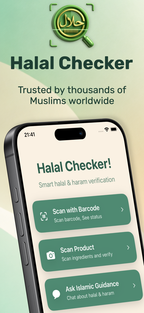 Halal Check: AI Food Scanner - Halal Check app home screen showing options to scan barcodes and products for halal verification.