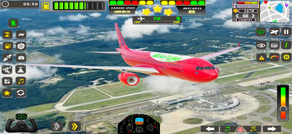 Sky Route Missions - A red commercial airplane flying over an airport in the Sky Route Missions mobile game featuring a dense interface of flight controls and gauges