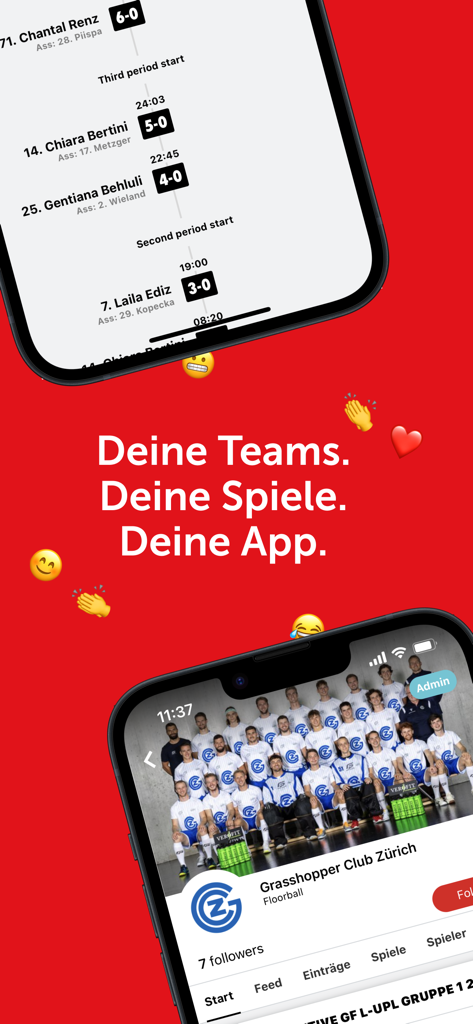 swiss unihockey hub - Mobile app screens showing floorball match timelines and a team profile for Grasshopper Club Zurich