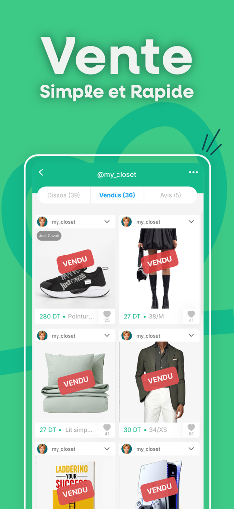 Interface of the Dabchy app showing a user profile named my closet with several sold items including sneakers, clothing, and electronics