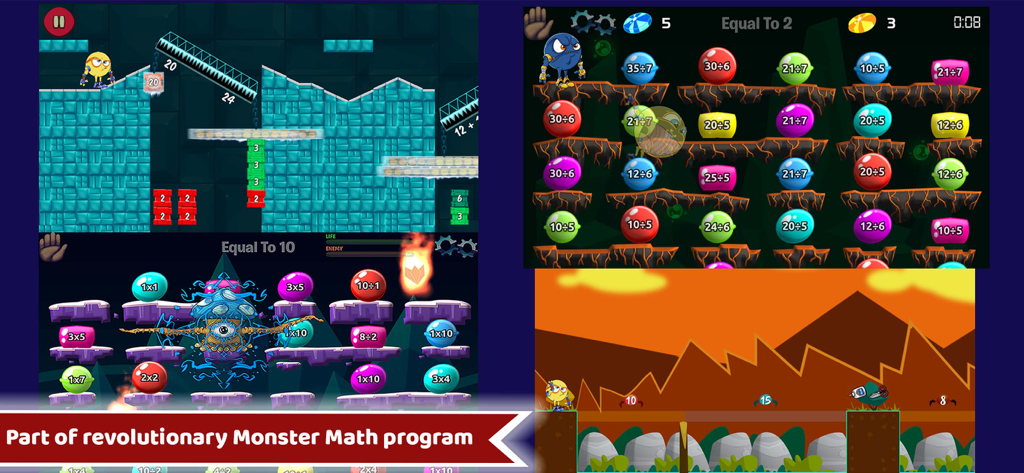 Math Rescue: 7－9 Year Old Game - Collage of four gameplay screens from the Math Rescue app showing mental math challenges and character-led levels
