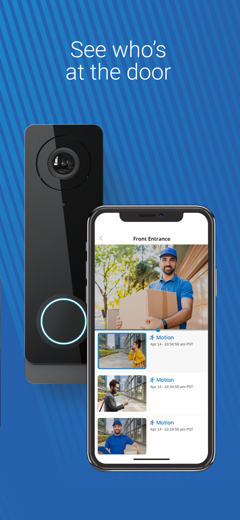 A smartphone displaying the Avigilon Alta app with a video feed of a delivery person and recent activity alerts