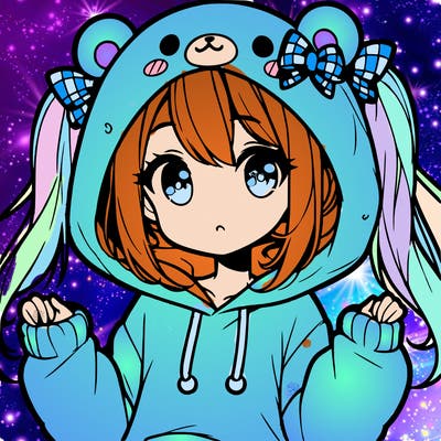 cute anime girl with ponytails and a cute bear hoodie