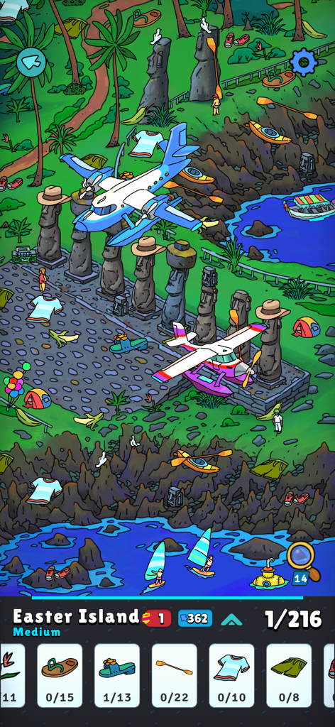 Hidden Objects - Adventure - Hidden Objects Adventure gameplay featuring a colorful Easter Island scene with Moai statues and seaplanes