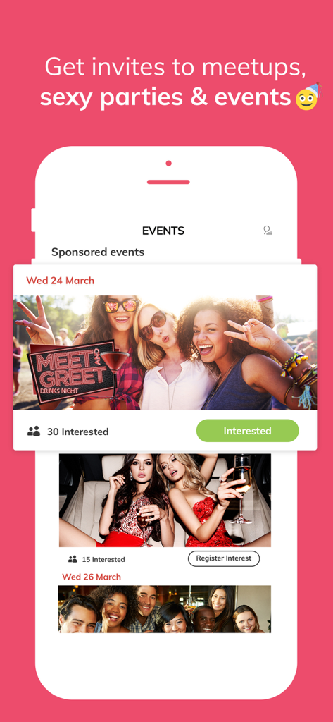 RedHotPie - Dating & Chat App - RedHotPie app screen showing local party invites and social meetups