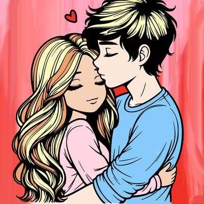a realistic couple boy and girl hugging and kissing