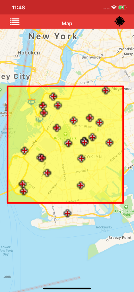 Kmz Viewer-Kmz Converter app - ニューヨーク州ブルックリンのハイライトされたエリア内に複数のロケーションマーカーを表示するKMZ Viewerアプリのマップビュー