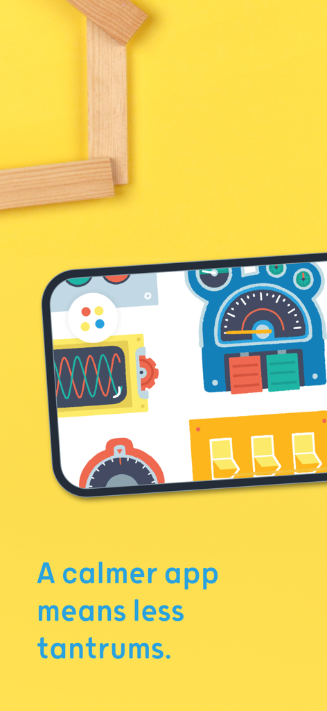 Pok Pok | Montessori Preschool - Pok Pok app on a phone screen showing colorful digital toys next to wooden blocks on a yellow background
