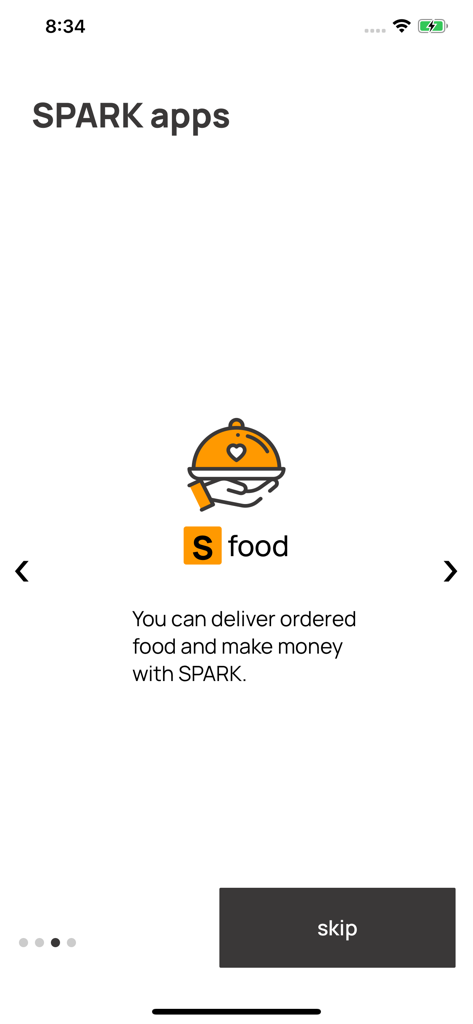 SPARK driver - A screen from the SPARK driver app explaining food delivery services to earn money.
