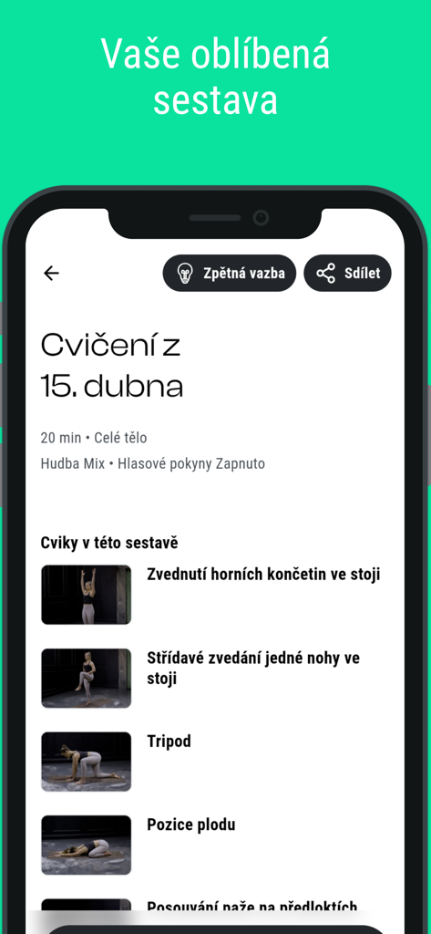 Kini - Mobile interface of the Kini app showing a personalized list of physiotherapy exercises including standing arm raises and tripod pose.