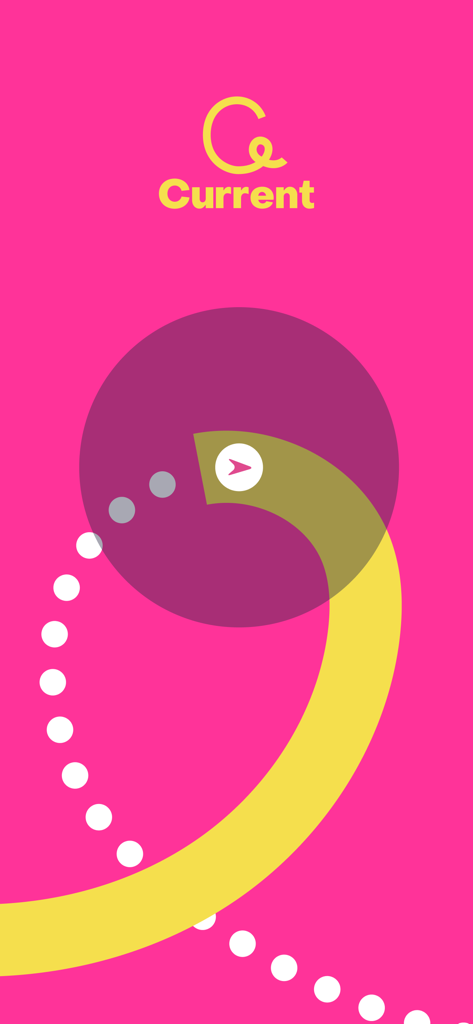 Current Bermuda - 노란색 Current 로고와 함께 밝은 분홍색 배경을 특징으로 하는 Current Bermuda 앱 스플래시 화면.