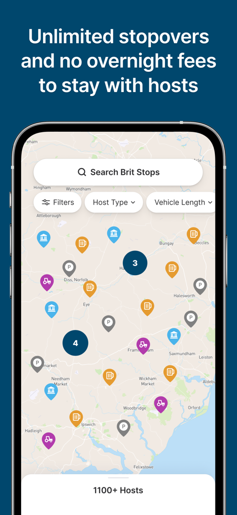 Brit Stops - Map interface of the Brit Stops app showing various motorhome stopover locations across the UK