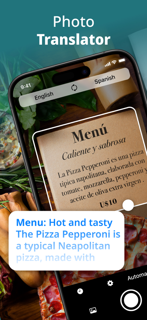 Una pantalla de smartphone que muestra la aplicación Traductor de Fotos traduciendo un menú de restaurante español a inglés mediante OCR de cámara en vivo