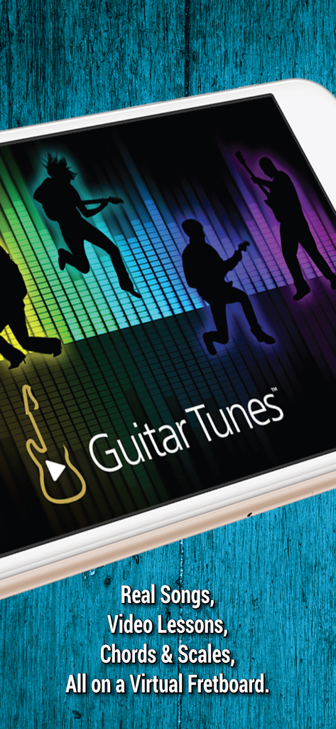 Guitar Tunes™ - Écran de l'application Guitar Tunes montrant des leçons de chansons et des fonctionnalités de manche virtuel