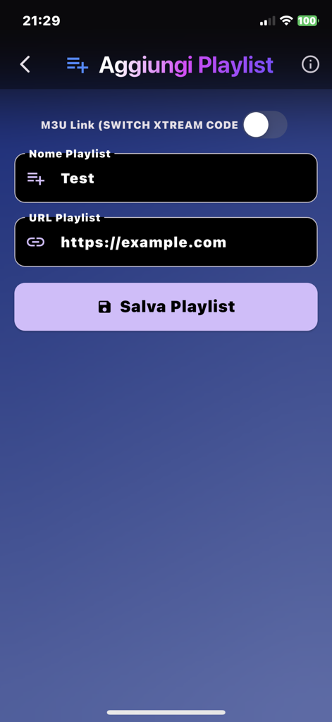 Interfaz de la aplicación IPTV Zone Plus para añadir una lista de reproducción M3U o un enlace de códigos Xtream