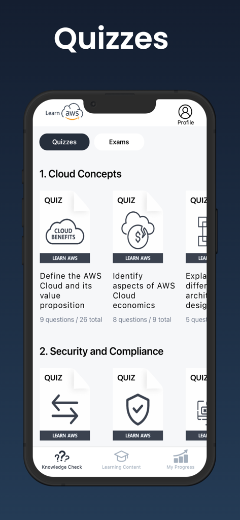 Interface de l'application Learn AWS montrant la section des quiz sur les concepts cloud et la sécurité et la conformité avec suivi de progression.