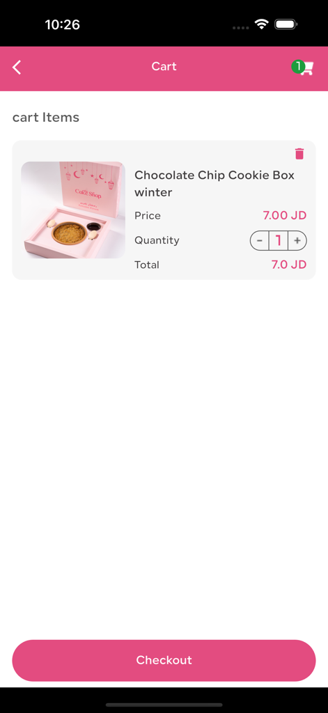 Mobile app interface of The Cake Shop cart showing a cookie box and checkout button